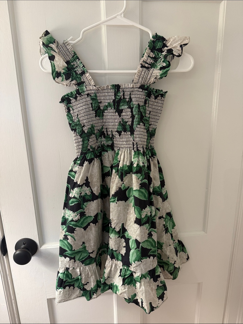 Hill House Black, Creamy White & Green Floral Smocked Mini Dress